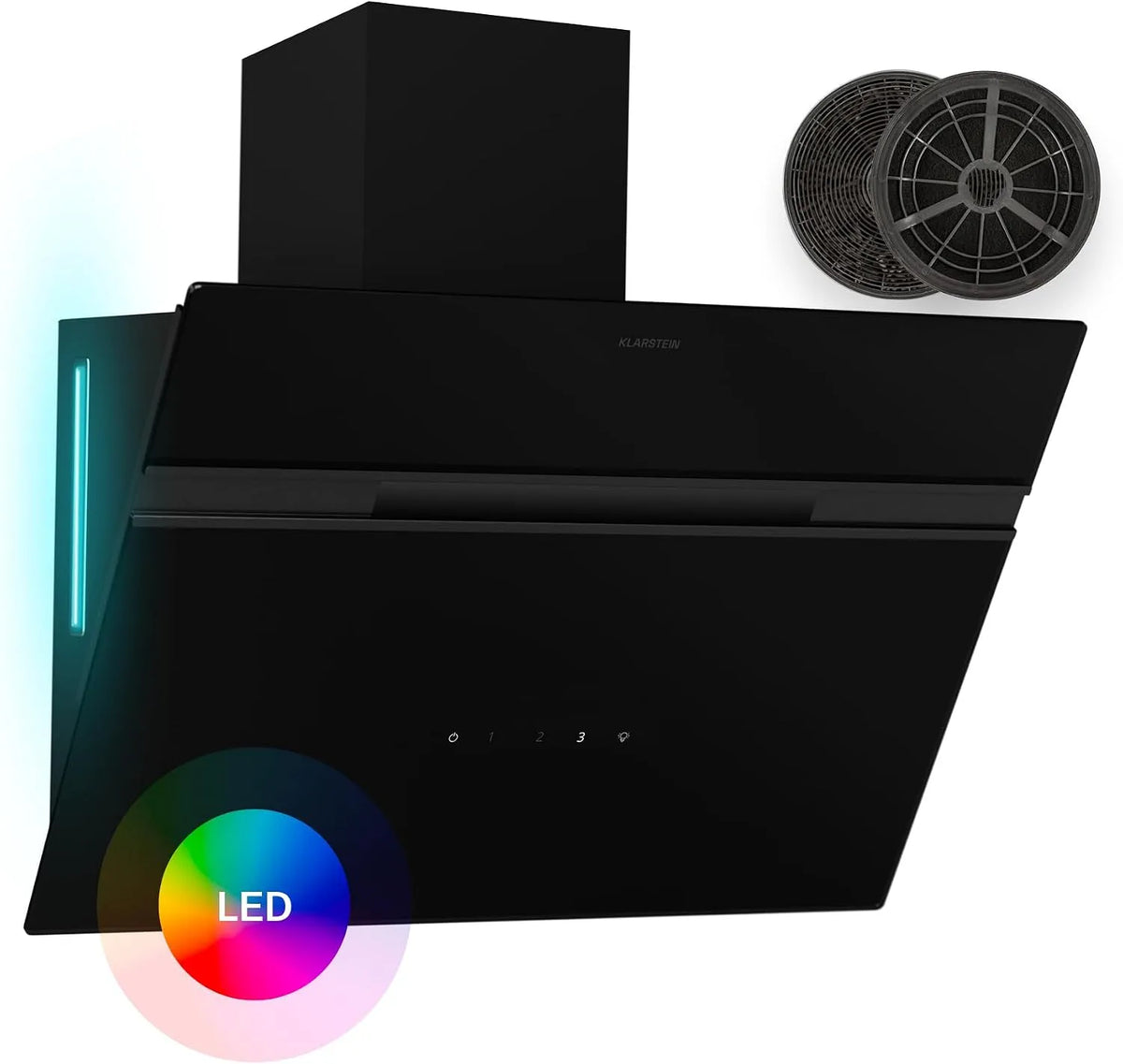 Klarstein Dunstabzugshaube 60-cm-Wandhaube, LED-Beleuchtung in 9 Farben, Energieeffizienzklasse A, Umluftbetrieb, 600 m³/h Luftstrom, Alina