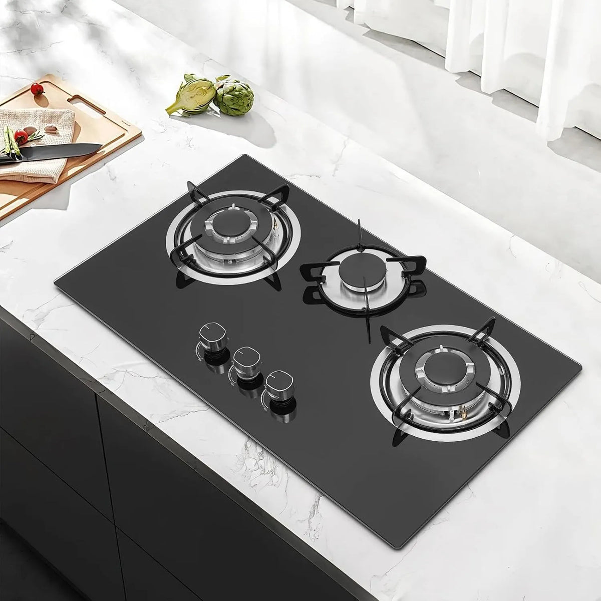 Kochfeld, Gasherd für LPG, inklusive. Topfträger, in Schwarz, Gaskocher Glas Einbau Gaskochfeld 3 Flammig Brenner Gas Stove, NG Kochfelder