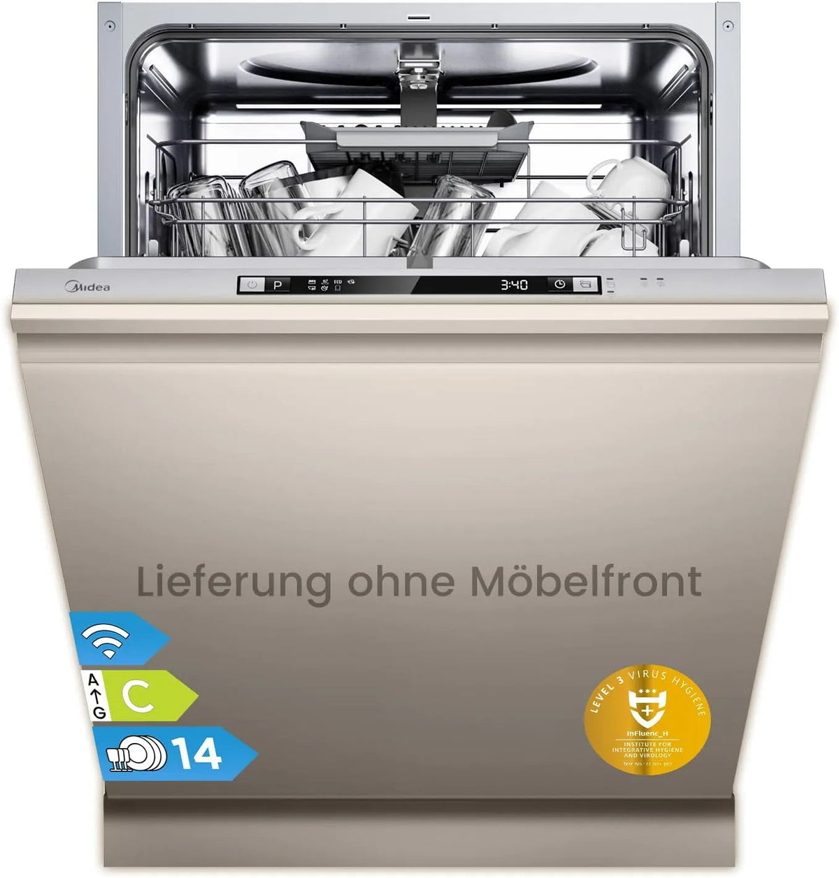 Midea Geschirrspüler 5.14K14C 0-24H, 44 dB, 8 Betriebsprogramme, Automatische Türöffnung, Inox, SV Vollintegriert 60cm, 14 Maßgedecke