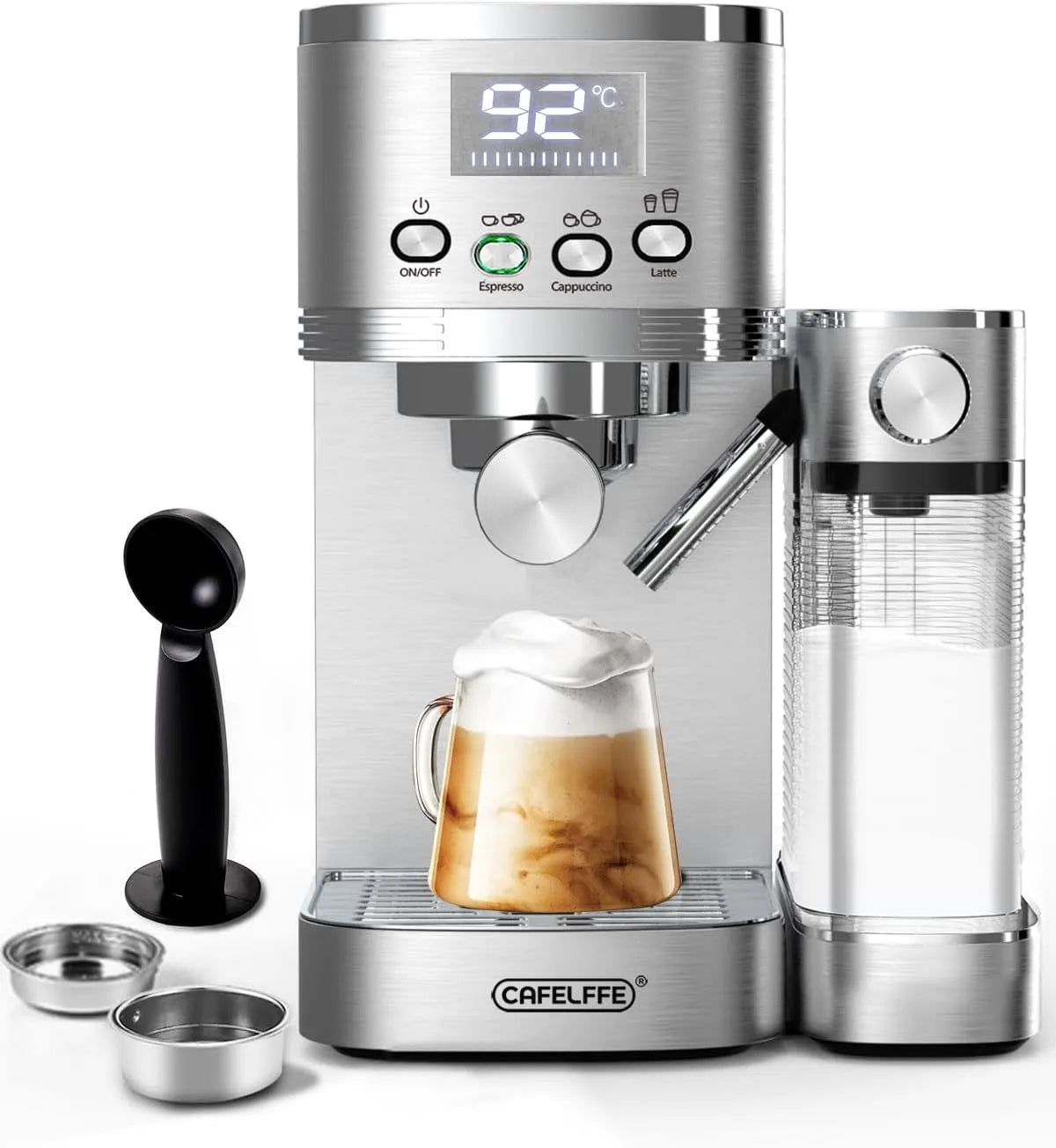 Espressomaschine 6-in-1-Espressomaschine, Fassungsvermögen 1,3 l Edelstahl, Siebträgermaschine mit Milchtank