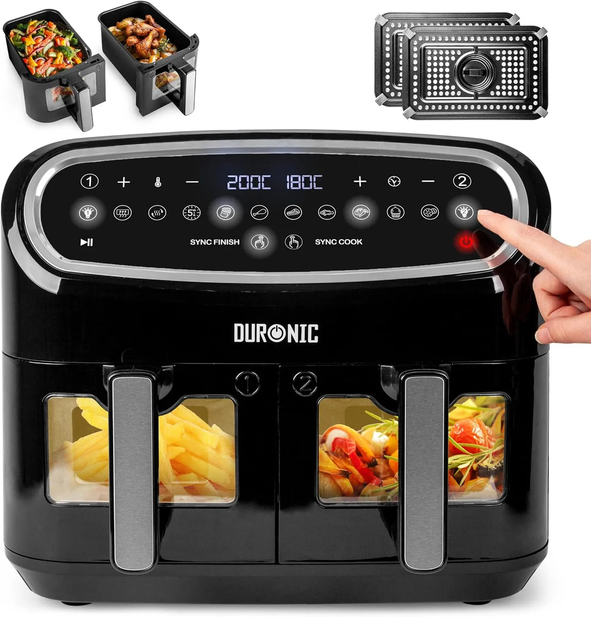 Heißluftfritteuse AF24 Duronic BK Doppelkammer, Air Fryer mit 10 Betriebsprogramme, XXL Airfryer mit 2 x 5l Körbe