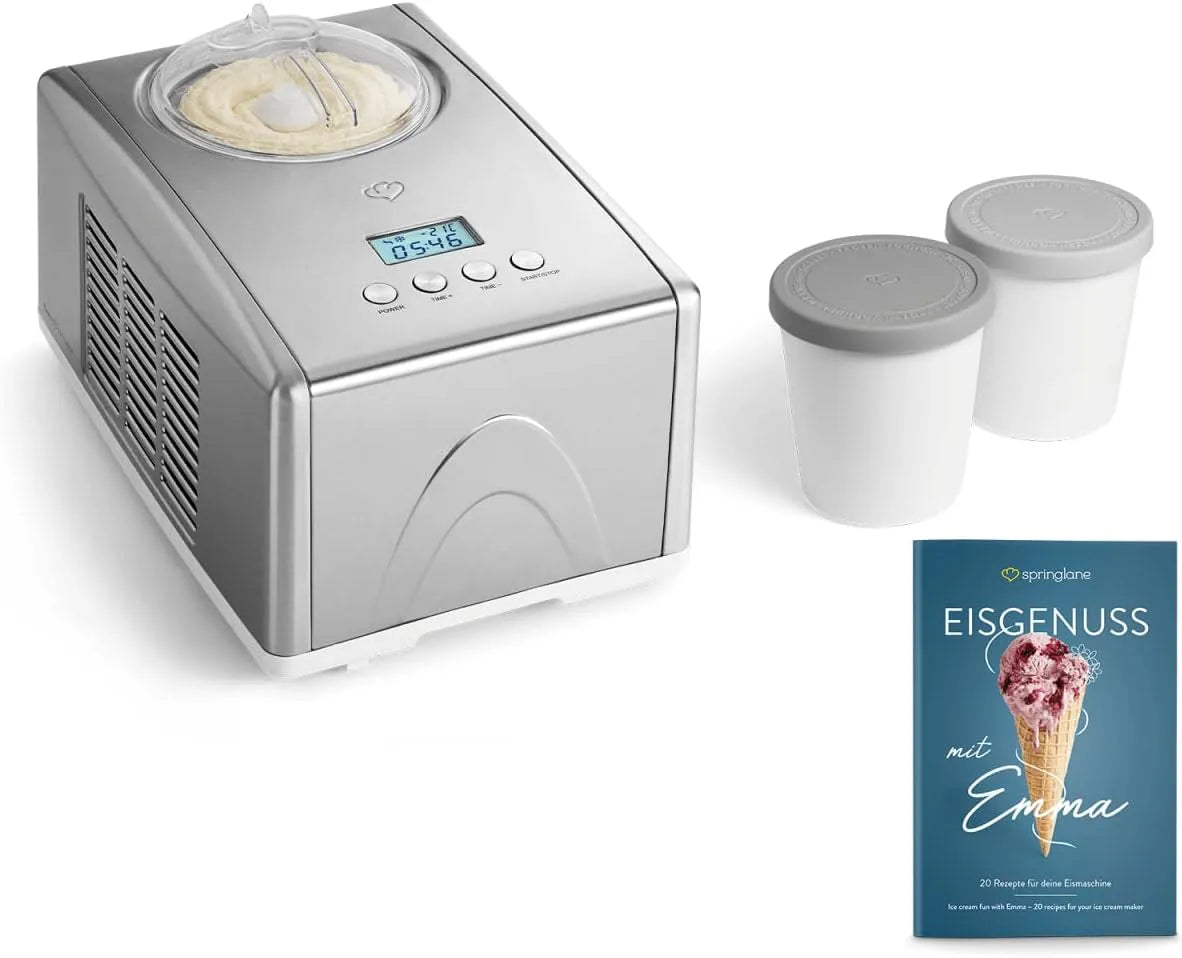 Eismaschine SPRINGLANE, Emma 1,5 L mit selbstkühlendem Kompressor 150 W, + 2 Aufbewahrungsbehälter Farbe Grau, inklusive. Rezeptheft, Silber