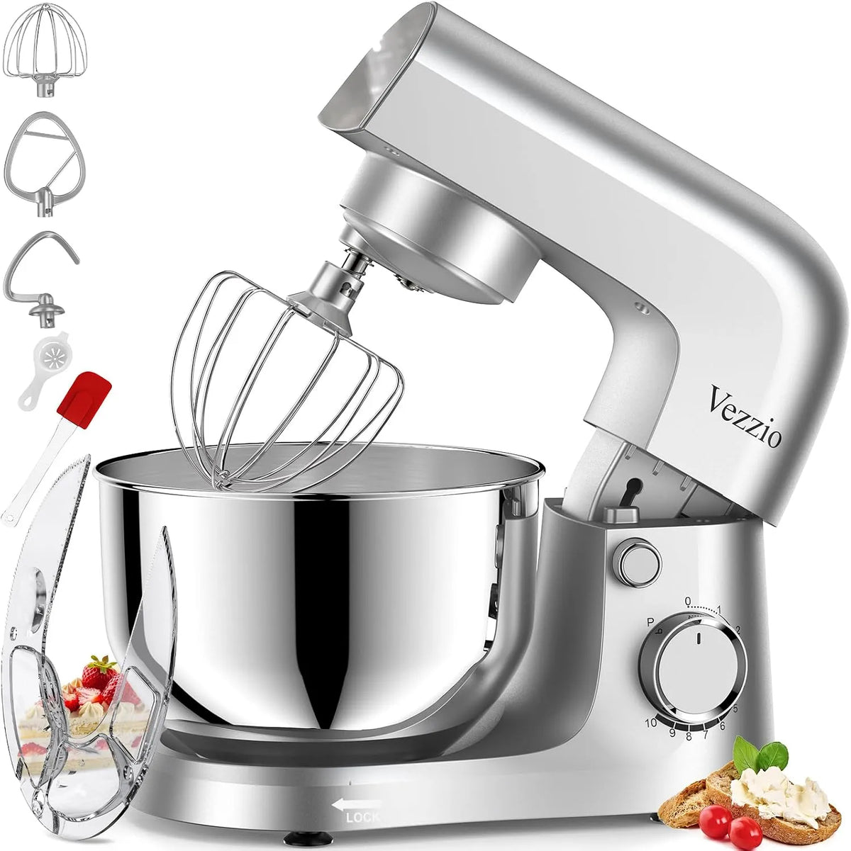 Zum Backen Modell 5-Liter-Schüssel Vezzio Knetmaschine, 1500 Watt Kompaktkneter, 10-stufiger geräuscharmer Teigkneter mit 4, inklusive. Schneebesen