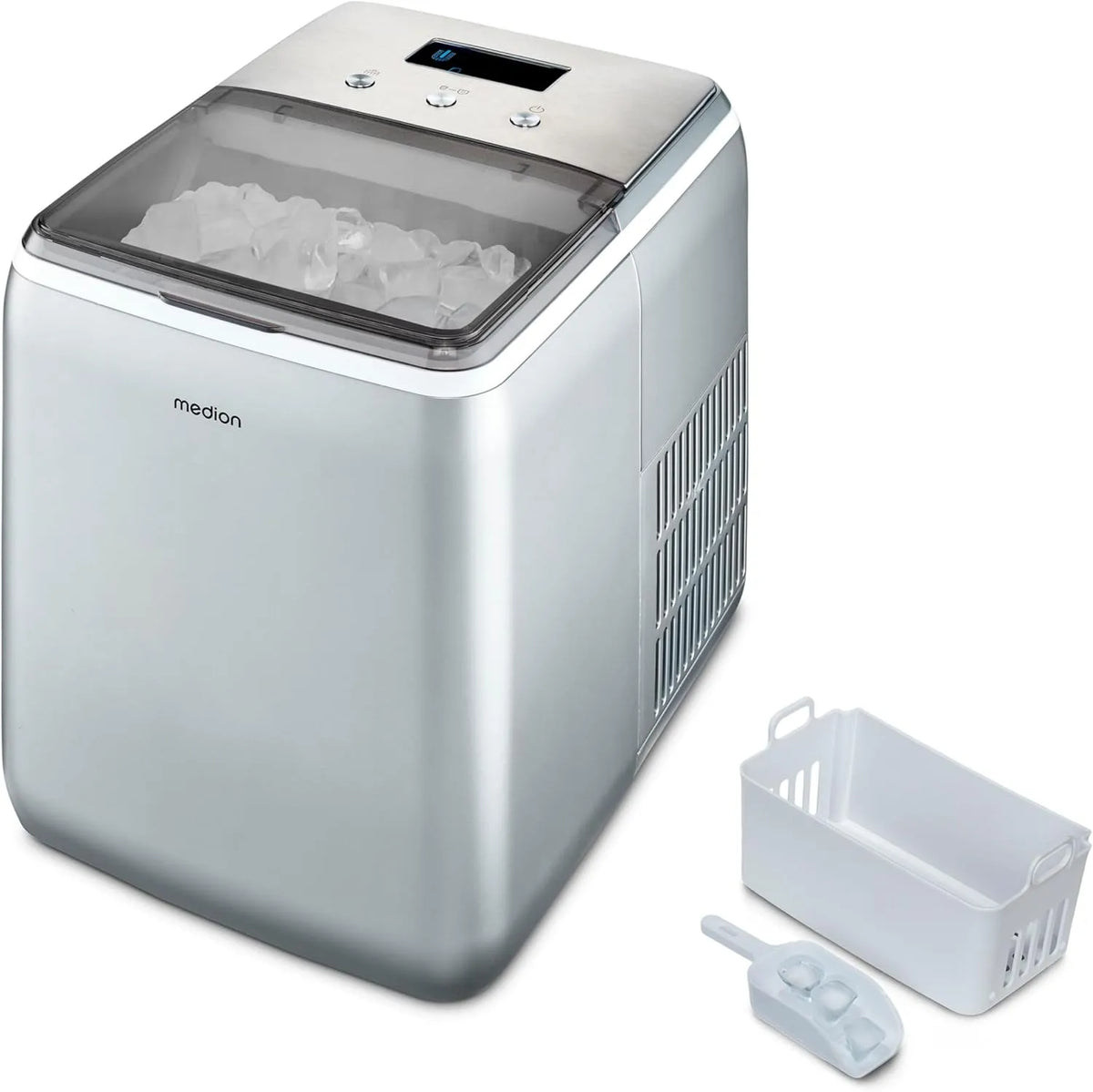 Modell MD11950 MEDION Eiswürfelmaschine, Fassungsvermögen 2,6 Liter Wassertank, kurze Produktionsdauer ca. 10 Minuten, Eiswürfelgröße klein & groß