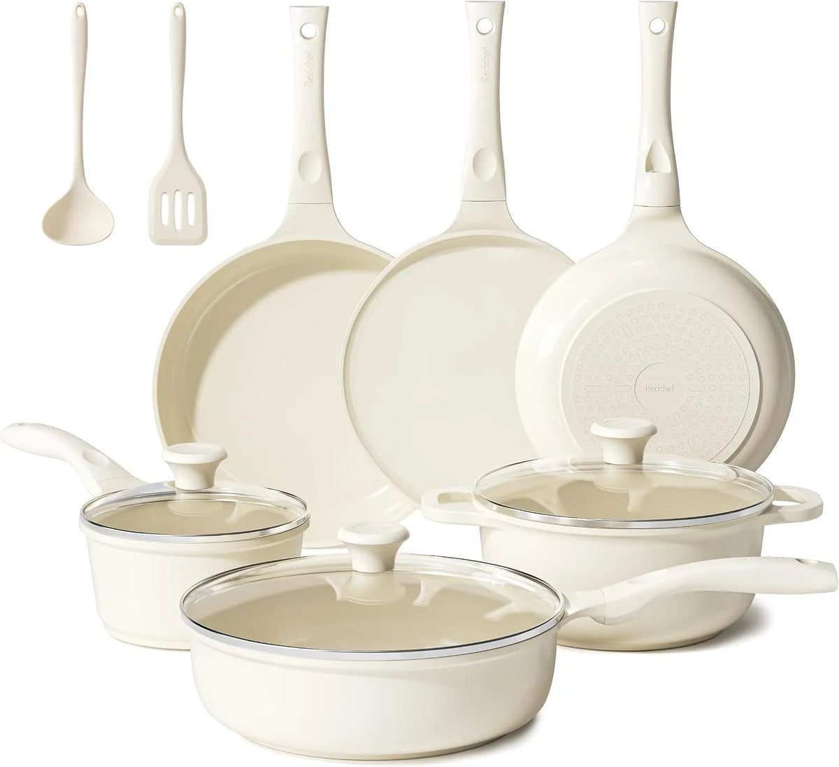 Topfset Redchef Keramik, Induktions Töpfe Set mit Glasdeckel, Topfsets Pfannenset Kochgeschirr-Set 11-teiliges, Spülmaschinenfest, Beige