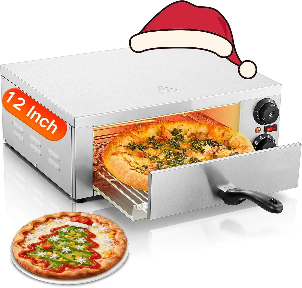 Pizzaofen Elektrisch, 12 Inch Pizza Ofen, Leistung 1800W Elektrischer Pizzaofen aus Edelstahl mit zwei Drehknöpfen
