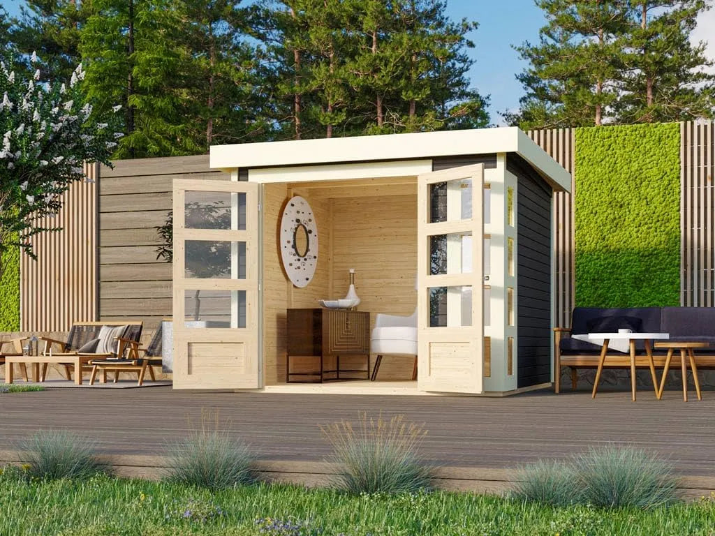 Gartenhaus, Schuppen mit 5,26 m² Grundfläche, Gerätehaus mit 19 mm Wandstärke, Maße 242 x 217 x 211 cm, Steck, Schraubsystem, Terragrau