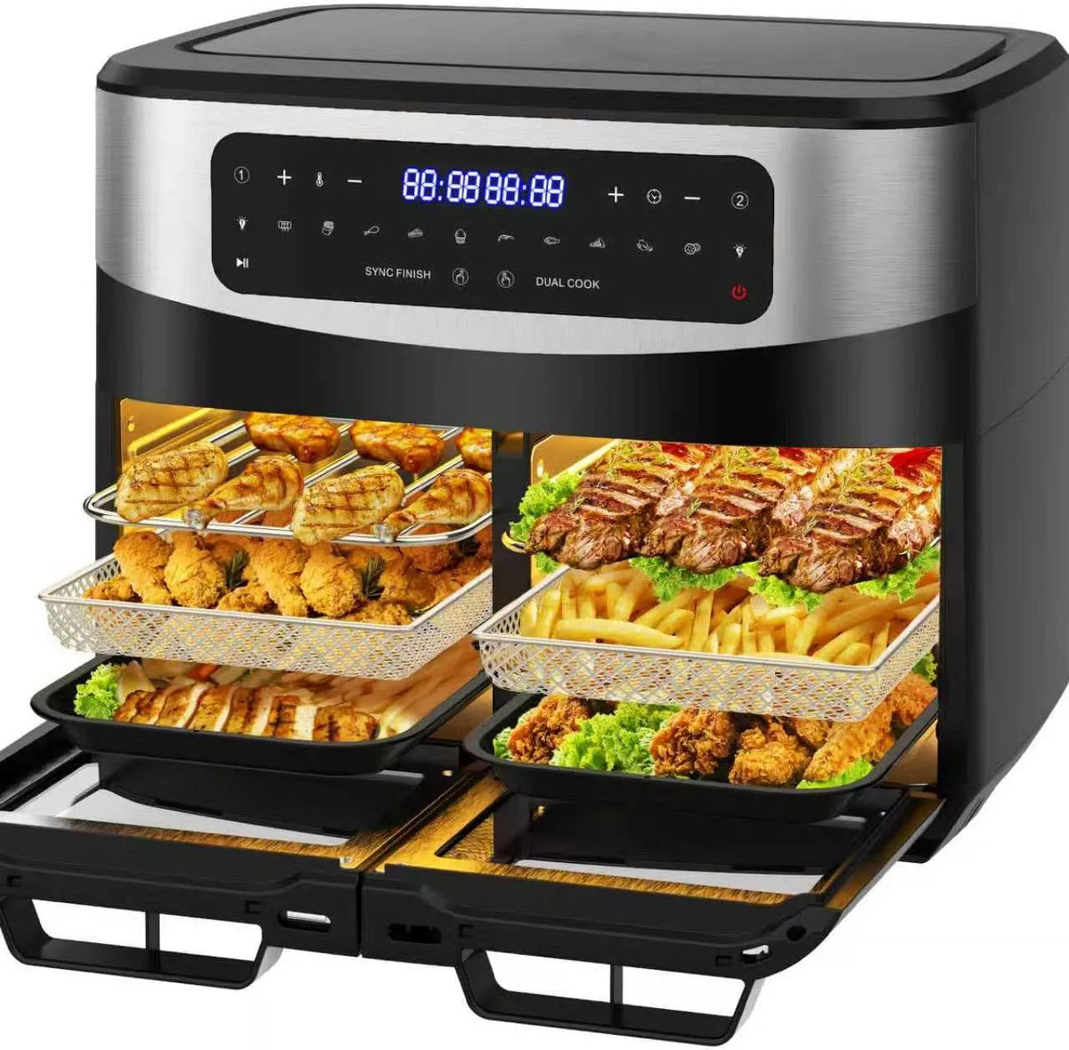 Heißluftfritteuse, Dual Zone 12L, Leistung 2600W Heissluftfritteuse Doppelkammer mit Doppelfenster, 10 Funktionen, Rezepte