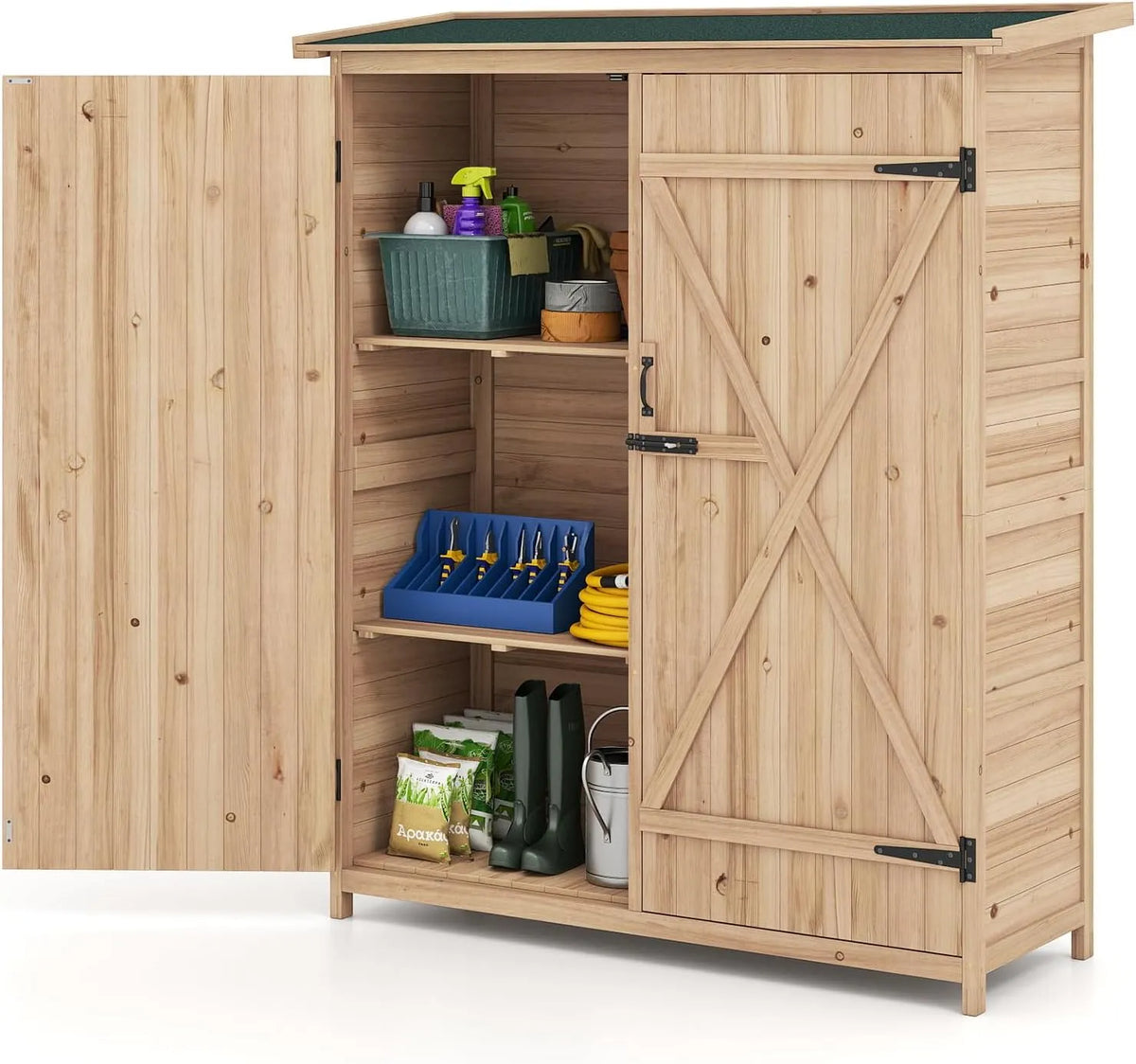 Gerätehaus HOMASIS Gartenschrank Holz, Maße 140x51x163cm, Gartenhaus mit 3 Ablagen & Schrank, Geräteschrank mit Asphaltdach & 2 abschließbaren Türen