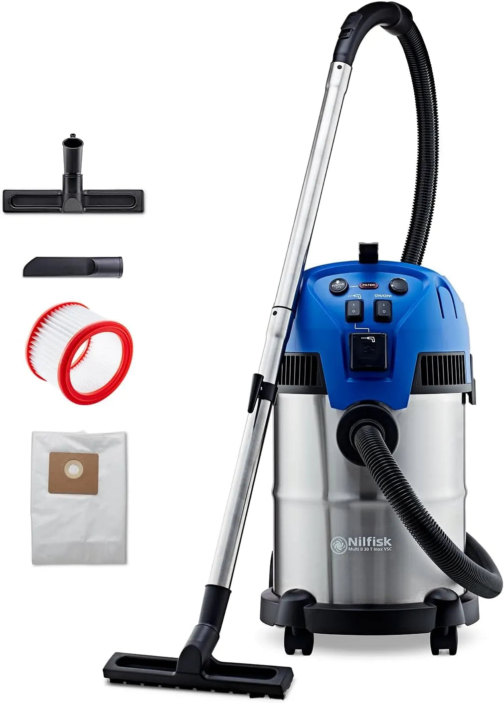 Nilfisk Nass- und Trockensauger, Staubsauger für Werkstatt, Multi II 30L T mit Steckdose, Leistung 1400 W, Haus, Garten und Auto