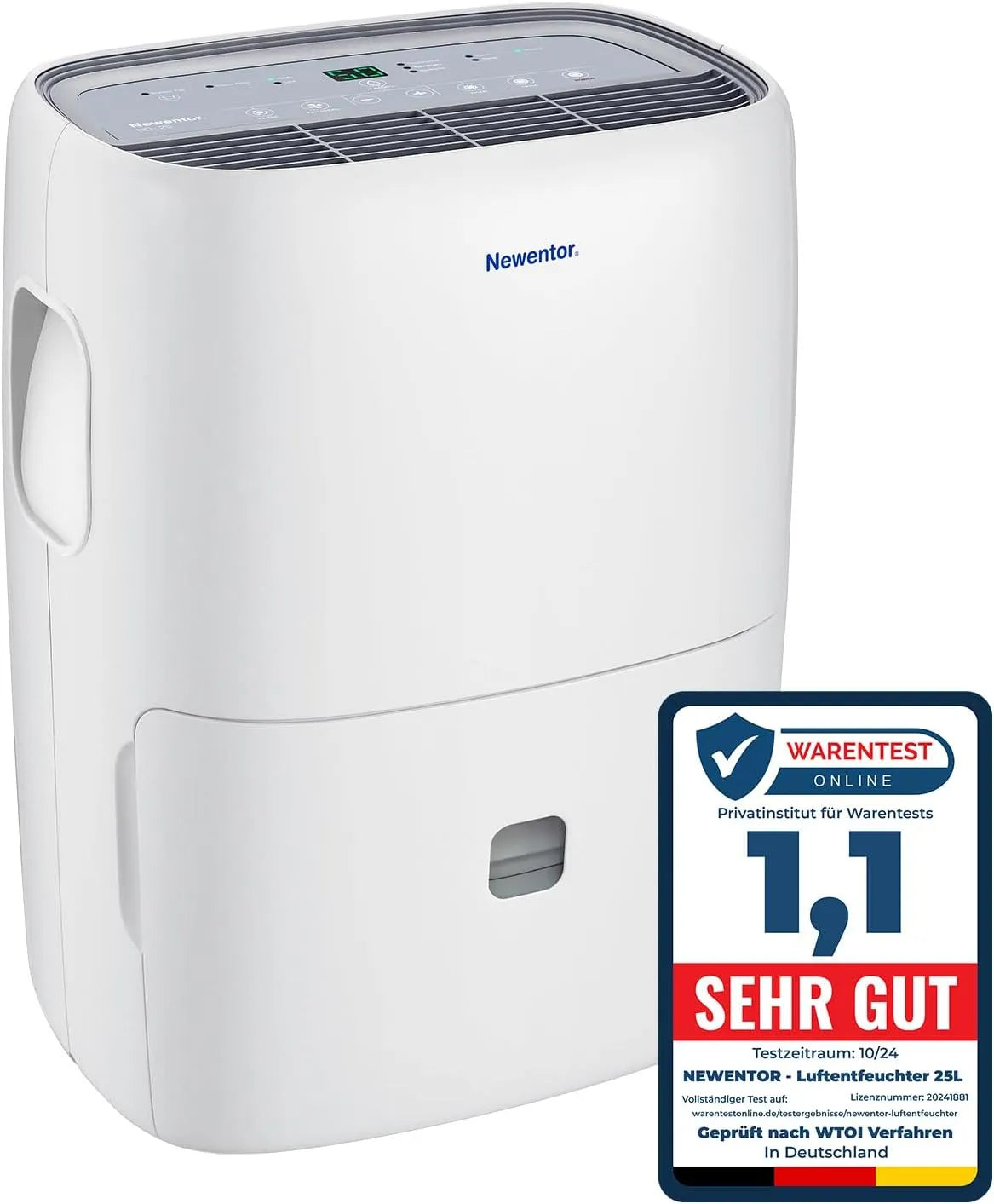 Luftentfeuchter 215m³/80m Newentor, Fassungsvermögen 25L, 25L/Tag, Leistung 270W Stromsparender, Für Räume ca. 215m³, 80m², 10 J. Gar., Modell 215m³