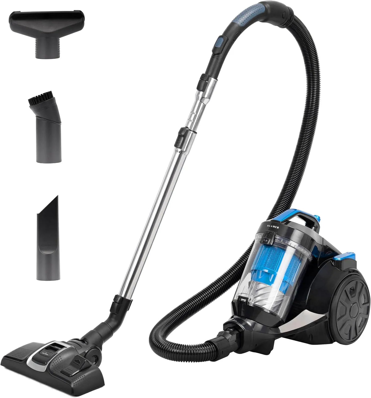 Staubsauger KLAMER, Waschbarer Hygiene HEPA 12 Filter, 850 Watt, 9 m Aktionsradius, Fassungsvermögen 3L Staubbehälter, Beutellos