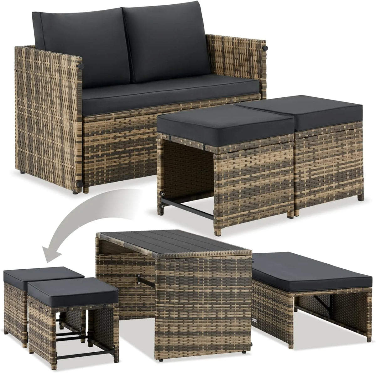 Tisch 2in1, TecTake Rattanlounge für 4 Personen, Set mit Schraubfüßen, Tischoberfläche in Holzoptik, Polyrattan Gartenmöbel, Terrassenmöbel, Natur