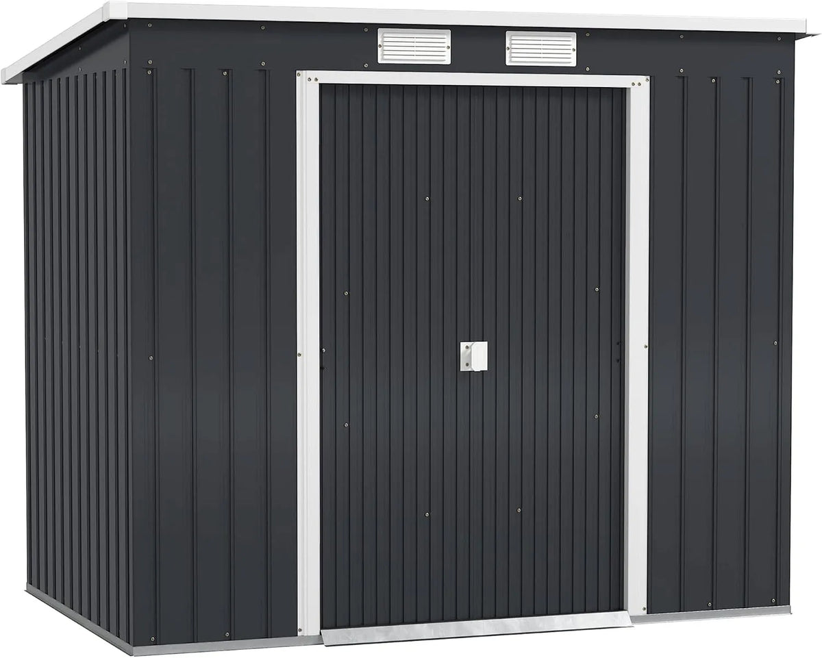 Outsunny Gerätehaus, Metall 2,42 m², Maße 213 x 130 x 172 cm, Geräteschuppen mit Pultdach Abschließbarer Doppelschiebetür Belüftung Bodenrahmen