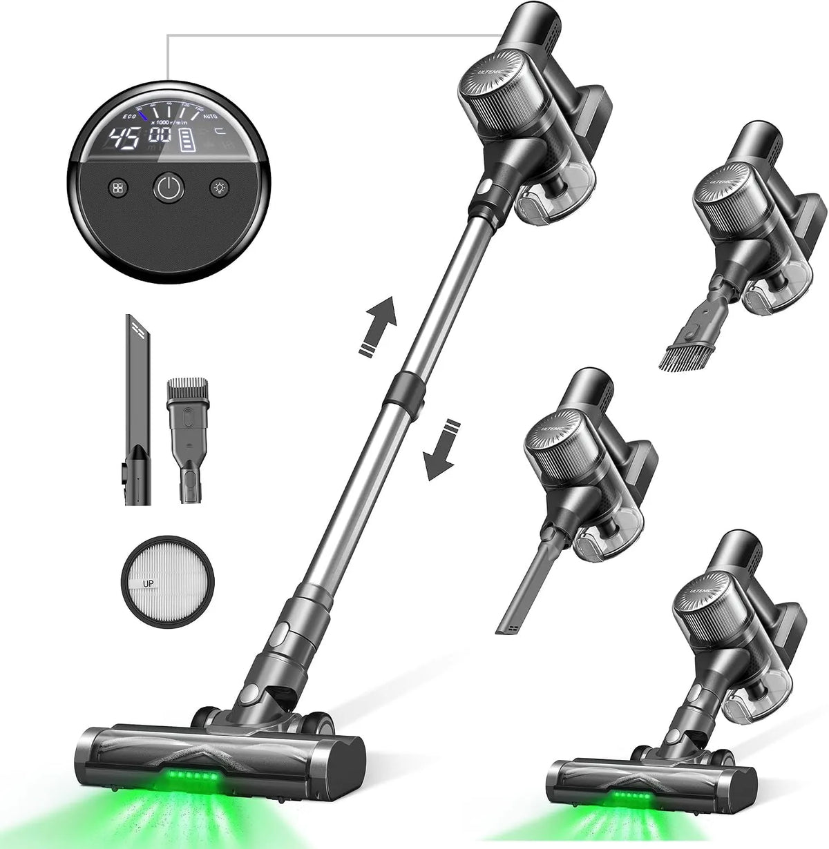 Staubsauger U12 Ultenic Vesla Akku, Tech Green Eye, Verbesserte Anti-Tangle-Bürste, Kabellos mit Automatikmodus