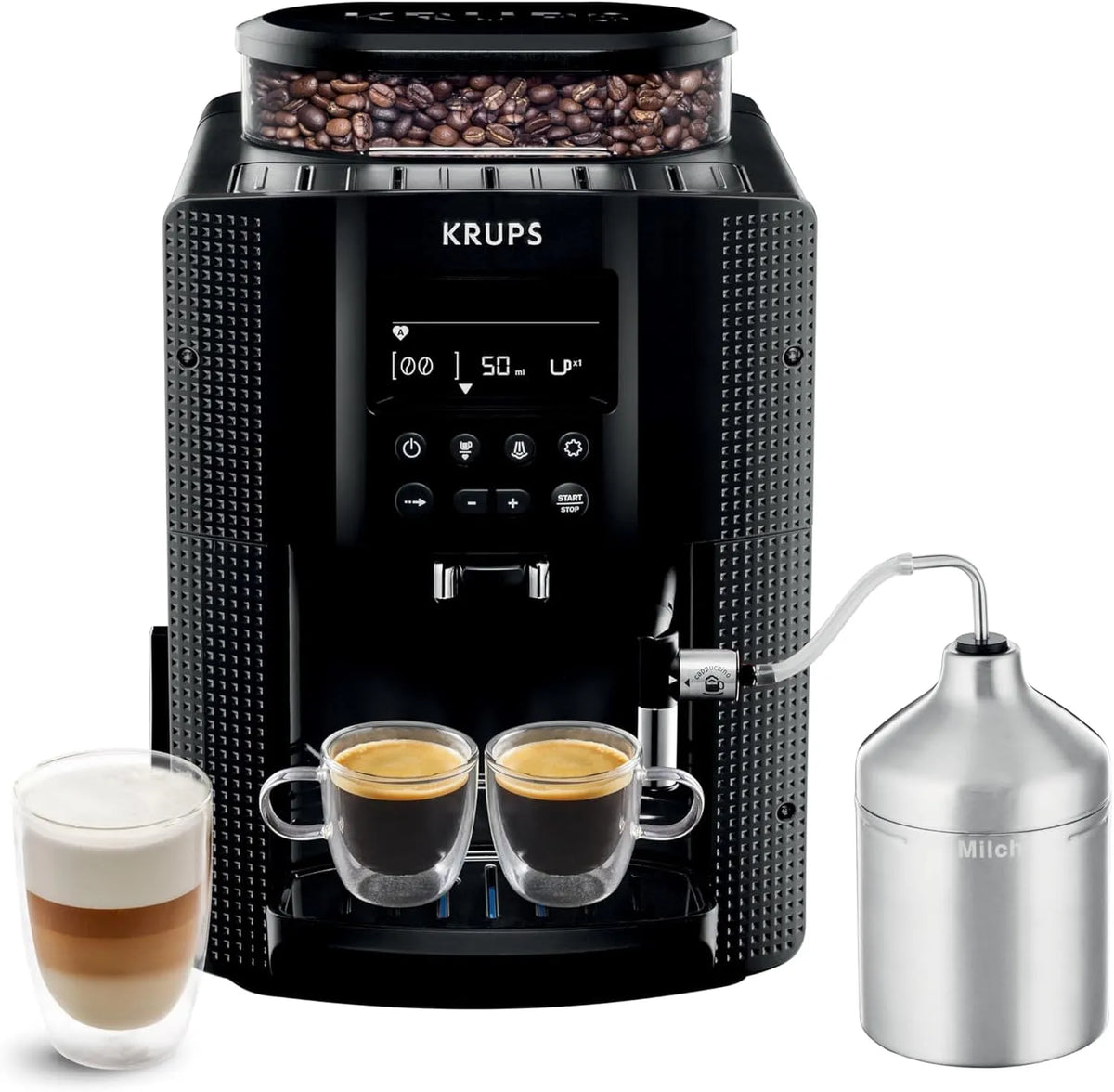 Krups Kaffeevollautomat 2-Tassen-Funktion EA816031, Kaffeemaschine, LCD-Display, in Schwarz, Essential mit Milchschlauch, TÜV-Siegel