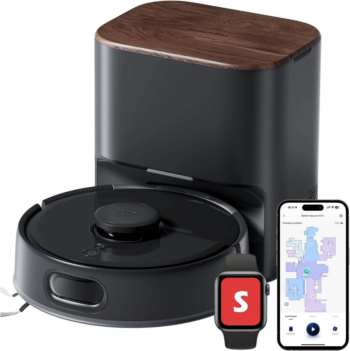 Apple Modell, 6000Pa Saugkraft K11, 90 Tage Staubauffang, schlankes 3,6' Design, SwitchBot + Saugerroboter mit Mopp, Selbstentleerung, Alexa