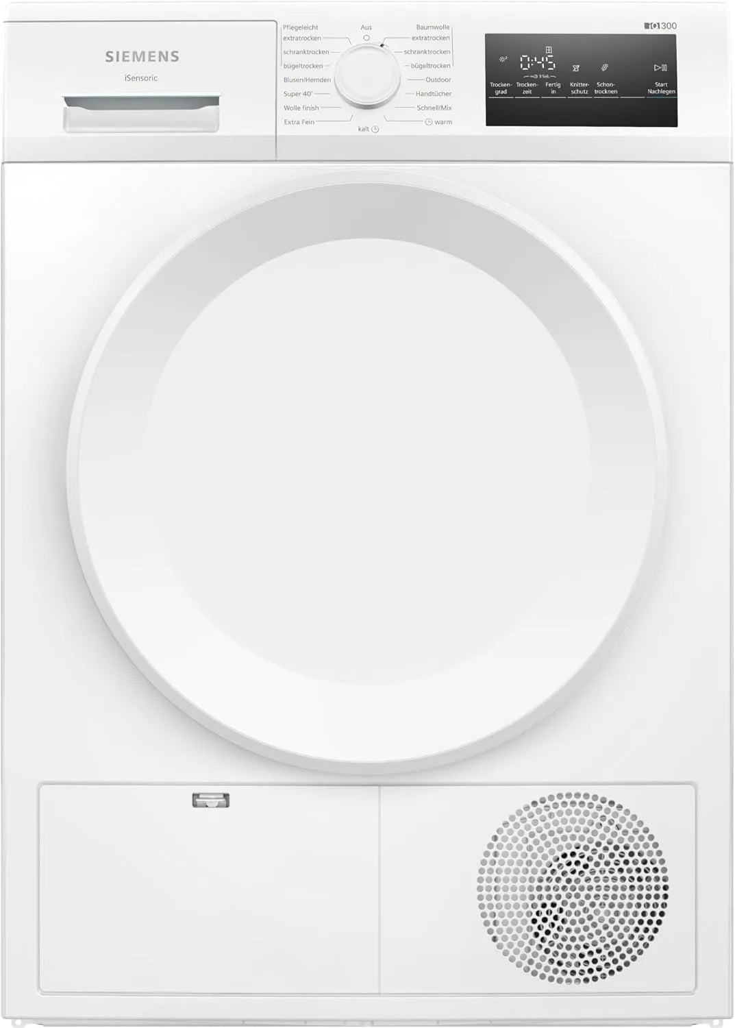 Siemens Modell WT43H004 iQ300 super40-Programm, 65 dB, Outdoor-Programm, autoDry, softDry, Weiß, Gewicht 8 kg, Wärmepumpen-Trockner, easyClean-Filter