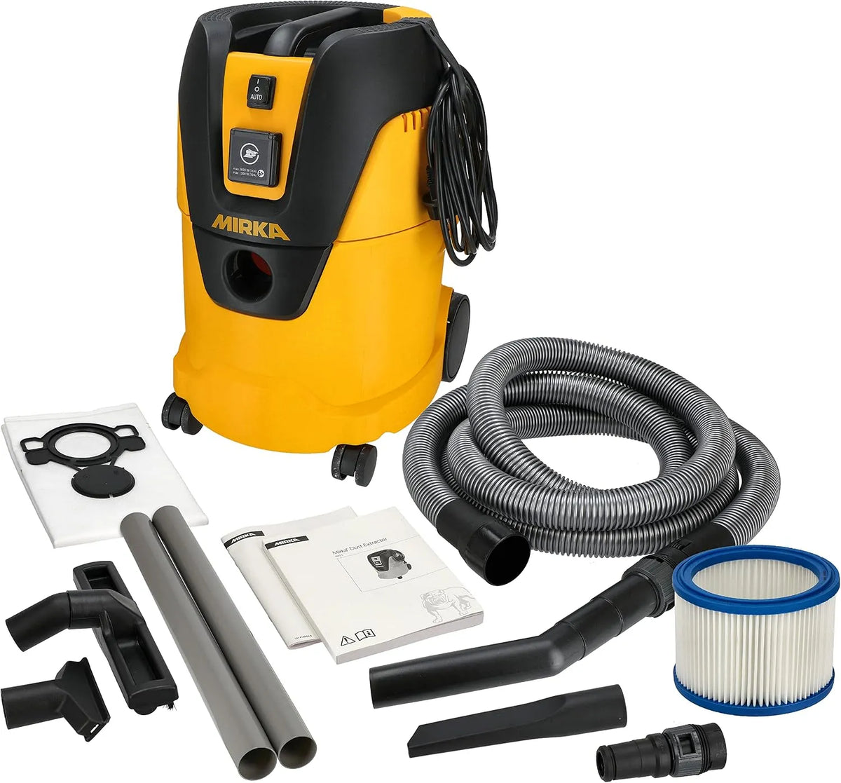 Nass- und Trockensauger MIRKA Industriestaubsauger, 1000 W Leistung, inklusive. Adapter Schleifmaschinen, Gelb, Fassungsvermögen 25 Liter, Düsenset