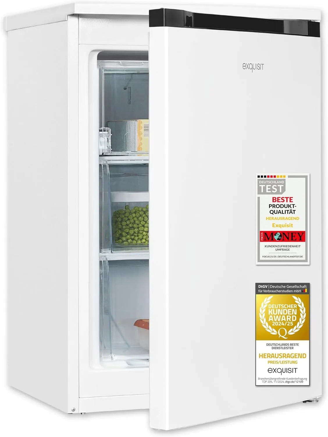 Exquisit Gefrierschrank 4-Sterne-Gefrierfach GS581-051C, 3 Schubladen, Tiefkühlschrank, weiß, Fassungsvermögen 85 Liter, Energieklasse C