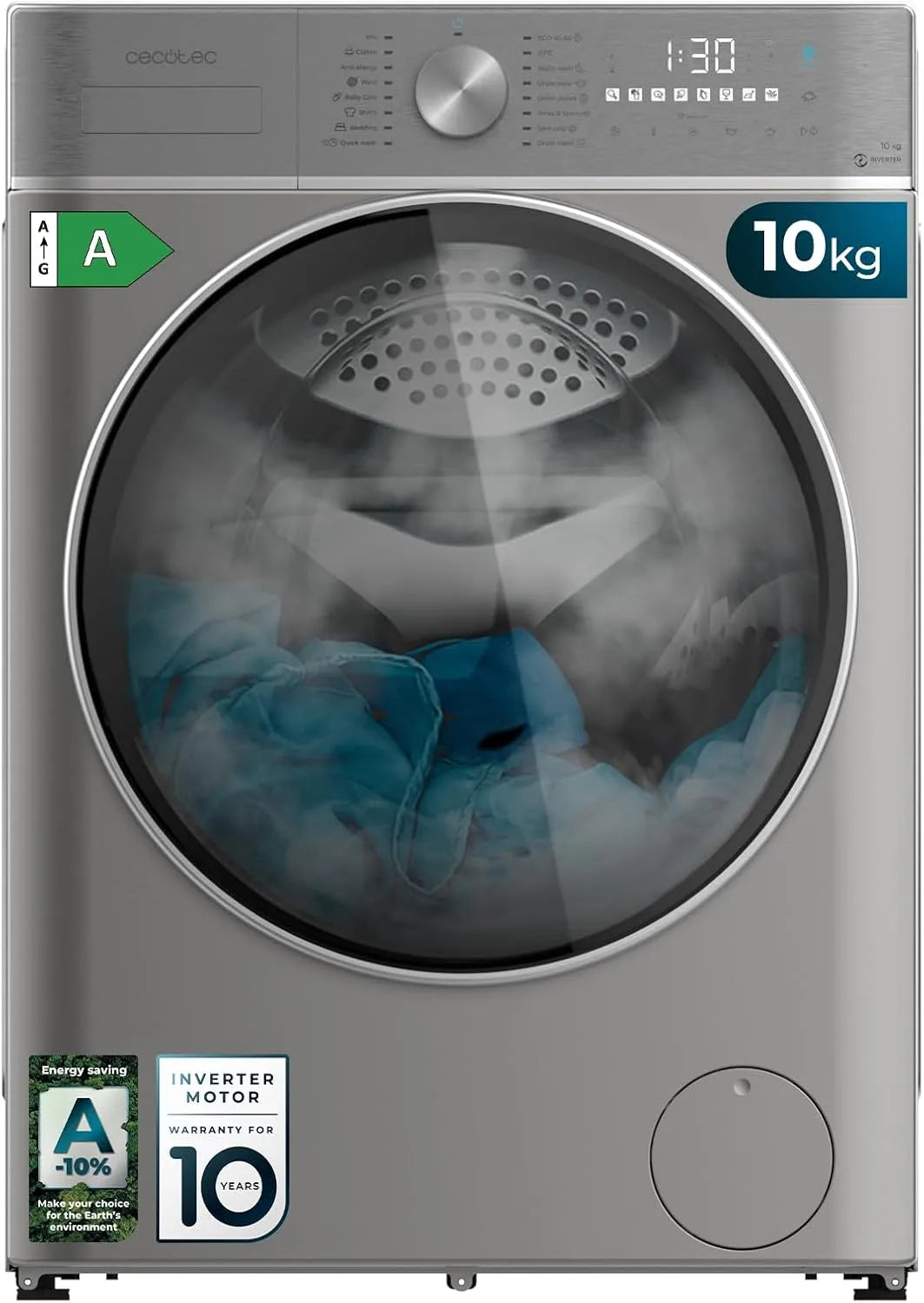 Cecotec Waschmaschine 10800 1400, Inverter Plus Motor, min, SteamMax, Frontbeladung 10 kg Bolero DressCode Inverter Steel A, 16 Prog