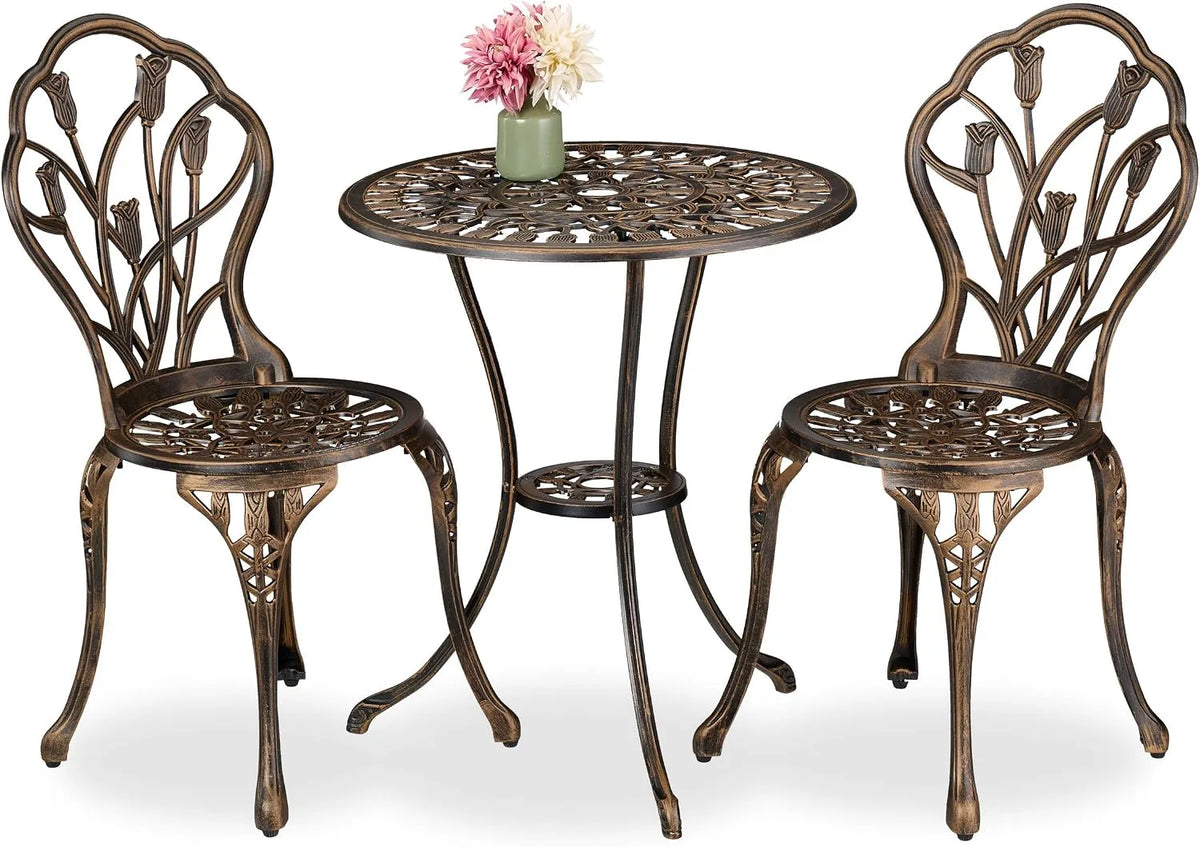 Tisch, Relaxdays Gartenmöbel Set 3-teilig, 2 Stühle, Aluguss, Balkonmöbel Antikdesign, Garten Sitzgruppe, Bronze, in Schwarz