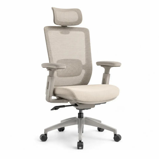 Bürostuhl mit Kopfstütze und Armlehnen 66 x 66 x 115 bis 130 cm Polyester Netzbezug Polyamid Fußkreuz Beige Grau Schwarz