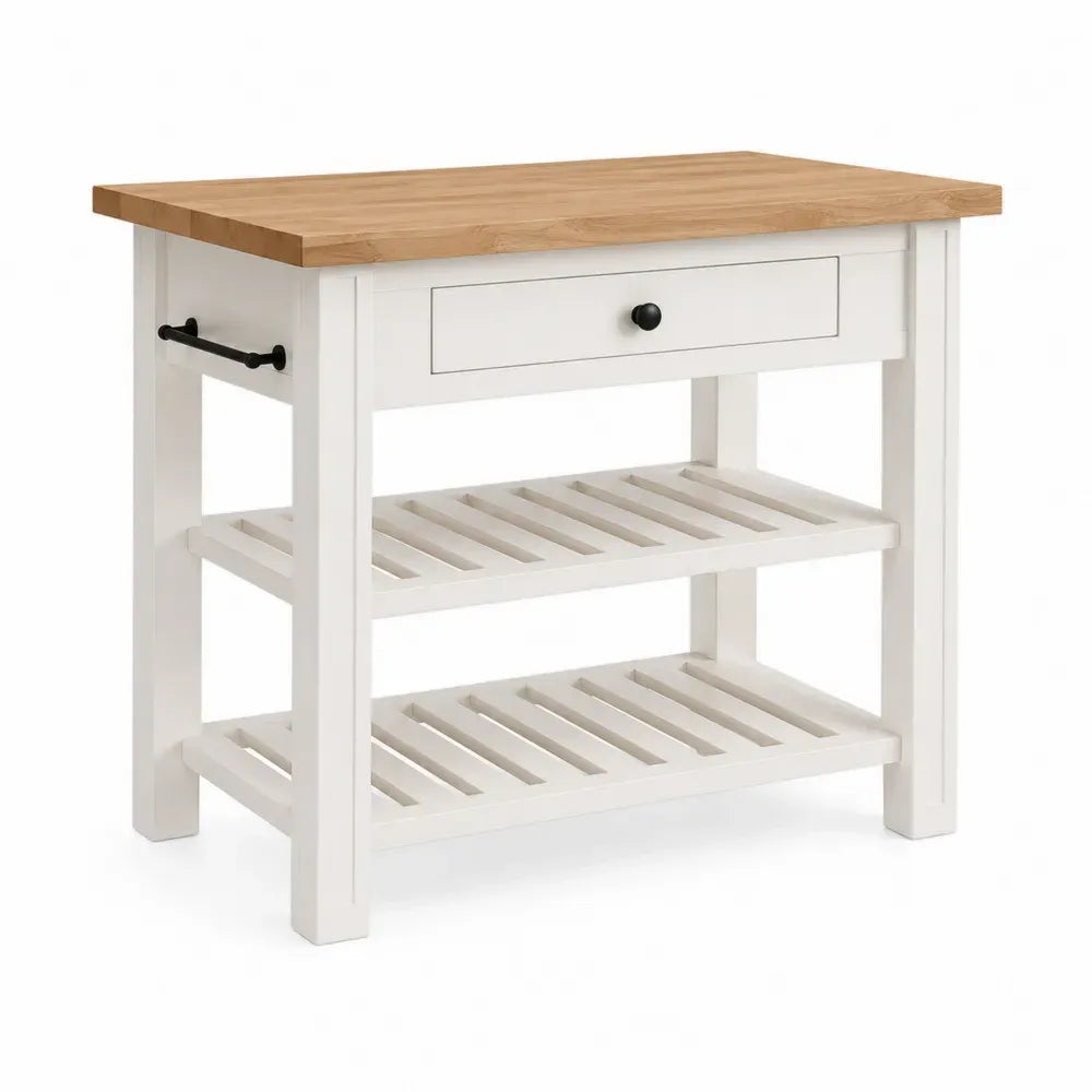 Kücheninsel Mehrzwecktisch mit Schublade und Ablagen 110 x 55 x 90 cm Kautschukbaum-Massivholz MDF Weiß Naturfarben Schwarz