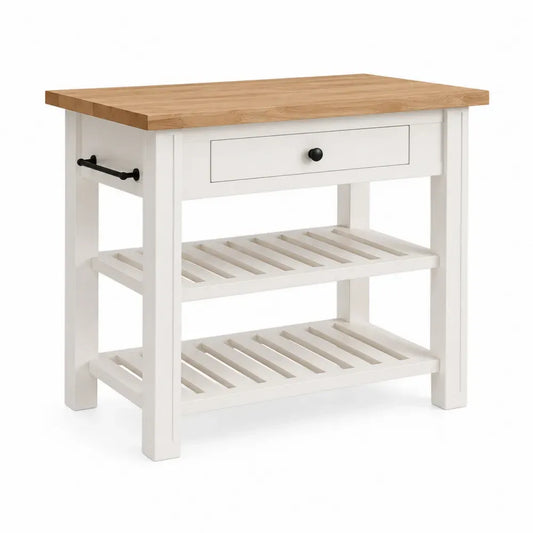 Kücheninsel Mehrzwecktisch mit Schublade und Ablagen 110 x 55 x 90 cm Kautschukbaum-Massivholz MDF Weiß Naturfarben Schwarz
