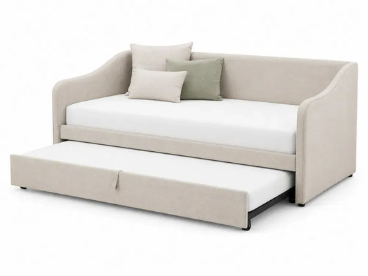 Tagesbett mit Ausziehbett 212 x 100 x 86 cm Polyestergewebe Kiefer-Massivholz Sperrholz rechteckig Beige Weiß mit Armlehnen und Kissen