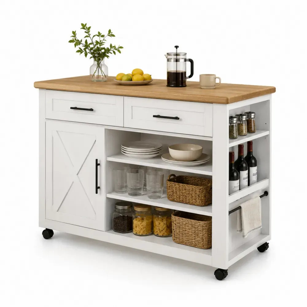 Fahrbarer Küchenwagen Mehrzwecktisch mit Arbeitsplatte 120 x 48 x 90 cm Kautschukbaum-Massivholz MDF rechteckig Weiß Naturfarben Schwarz