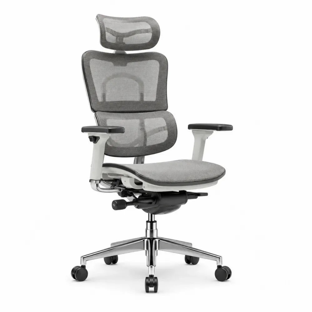 Bürostuhl mit Kopfstütze und Armlehnen 66 x 68 x 118 bis 128 cm Polyester Netzbezug Aluminiumlegierung drehbar Grau Weiß Schwarz Silberfarben