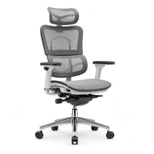 Bürostuhl mit Kopfstütze und Armlehnen 66 x 68 x 118 bis 128 cm Polyester Netzbezug Aluminiumlegierung drehbar Grau Weiß Schwarz Silberfarben