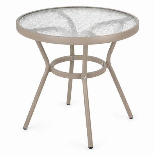Runder Gartentisch mit strukturierter Glasplatte pulverbeschichtetem Stahlgestell Taupe Transparent 80 x 80 x 72 cm
