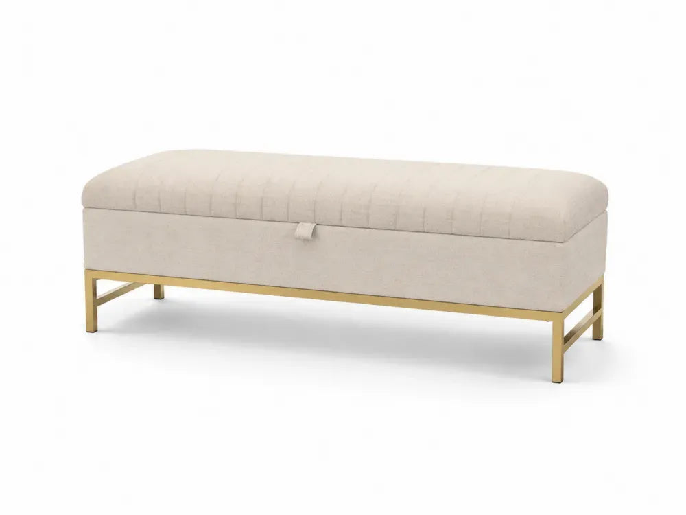 Schlafzimmerbank Polsterbank mit Stauraum 120 x 40 x 45 cm Polyestergewebe MDF Stahlrahmen rechteckig Beige Goldfarben