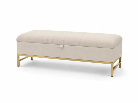 Schlafzimmerbank Polsterbank mit Stauraum 120 x 40 x 45 cm Polyestergewebe MDF Stahlrahmen rechteckig Beige Goldfarben