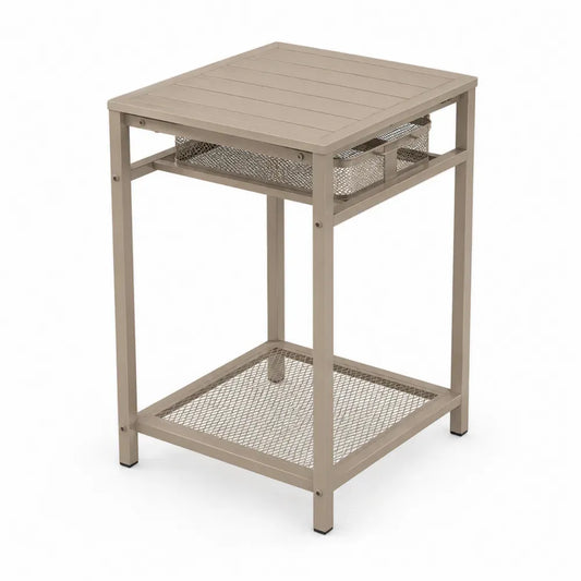 Gartentisch Beistelltisch quadratisch mit Drahtkorb und Gitterablage pulverbeschichteter Stahl Taupe Schwarz 45 x 45 x 65 cm