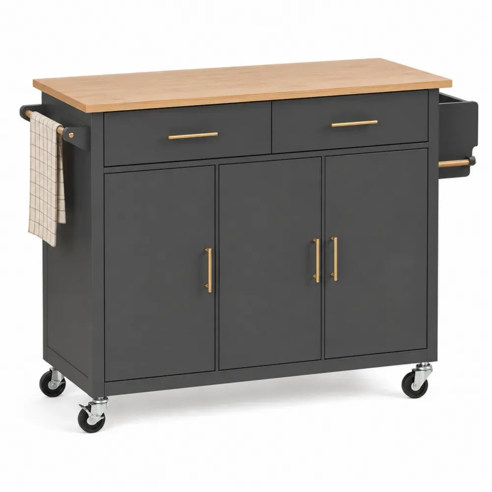 Küchenwagen Kücheninsel 135 x 50 x 90 cm MDF Kautschukholz rechteckig Anthrazit Natur Goldfarben mit Rollen Schubladen und Türen