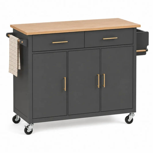 Küchenwagen Kücheninsel 135 x 50 x 90 cm MDF Kautschukholz rechteckig Anthrazit Natur Goldfarben mit Rollen Schubladen und Türen