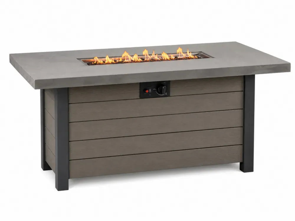 Rechteckiger Gas Feuertisch mit Edelstahlbrenner Zementverbund WPC Grau Taupegrau Anthrazit 150 x 80 x 65 cm