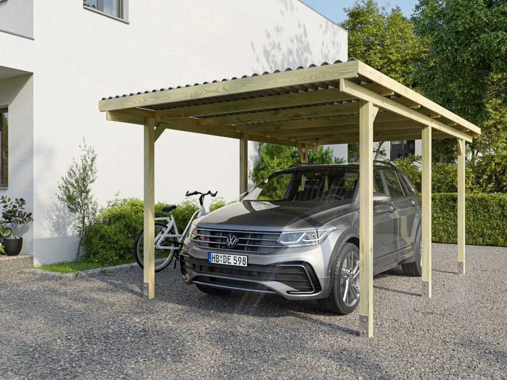 Braun Carport, Grün 300 x 500 cm, Holz Einzelcarport aus Fichte Kiefer, EcoShield Wetterschutz, Garten Unterstand, Montagefreundlich