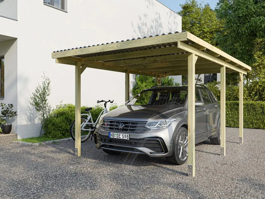 Braun Carport, Grün 300 x 500 cm, Holz Einzelcarport aus Fichte Kiefer, EcoShield Wetterschutz, Garten Unterstand, Montagefreundlich
