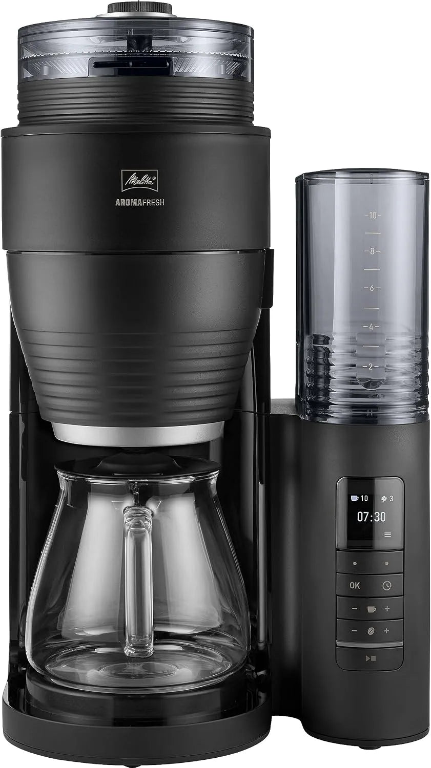 Melitta Kaffeemaschine, für bis zu 10 Tassen Kaffee, Filterkaffeemaschine mit integriertem Mahlwerk, in Schwarz, AromaFresh Pro X, silber