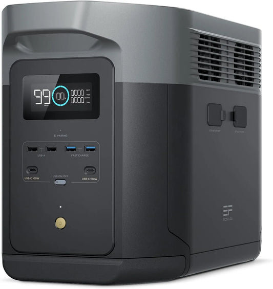 2 Max tragbar Powerstation 2048Wh 3000 EcoFlow DELTA, 3000W Max Ausgangsleistung, erweiterbar 2-6 kWh, 80% Ladung <1 Std, LFP-Batterie mit Zyklen