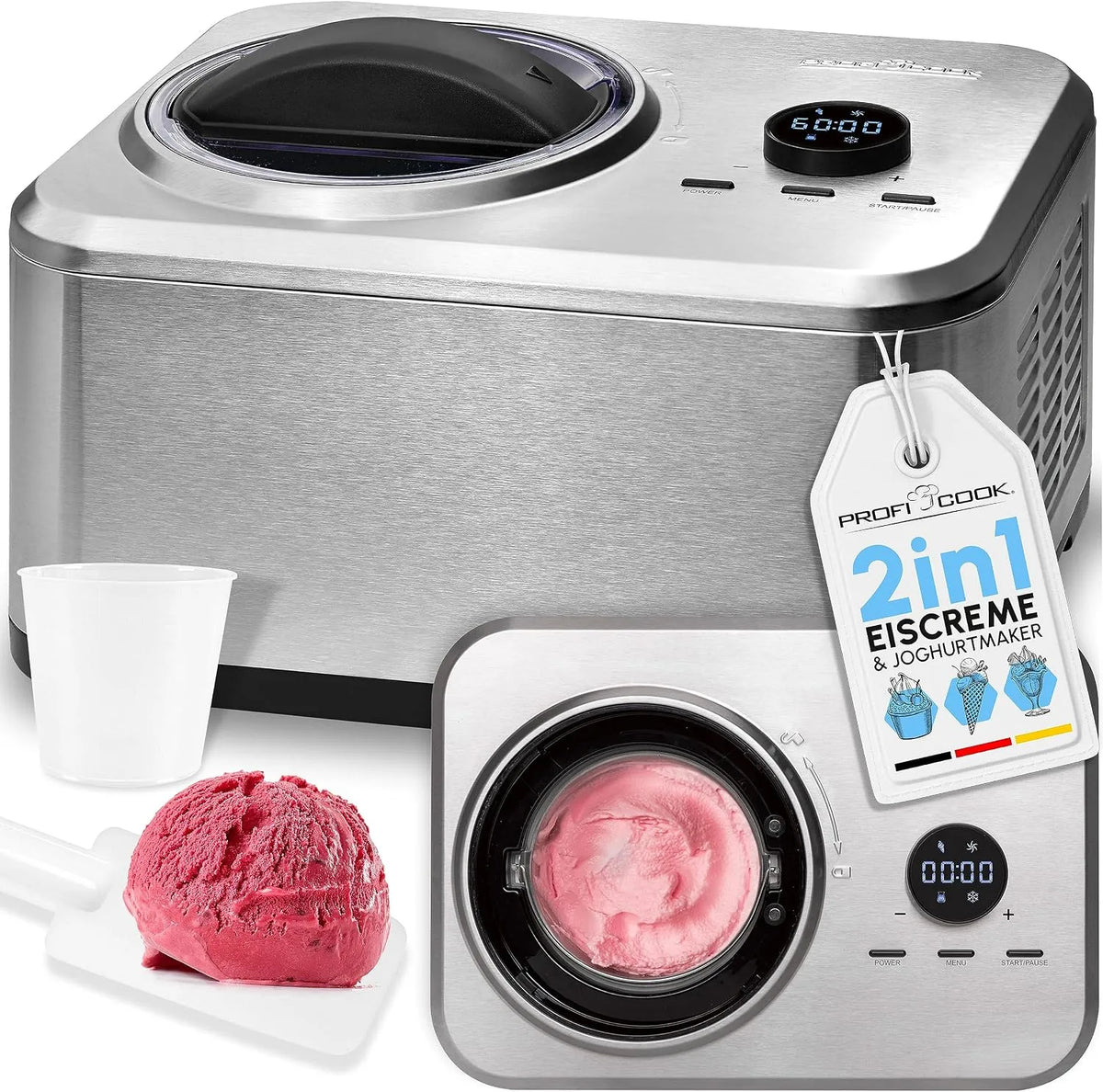 Eismaschine ICM 1268 ProfiCook, Eis in 20 min., und Joghurtbereiter, inklusive. Rezeptvorschläge, PC, mit Kompressor, für bis zu 1500ml