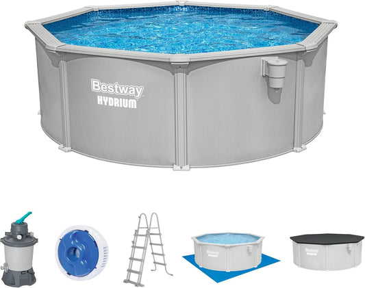 Bestway Pool, Hydrium Stahlwandpool Komplett-Set Ø 366x122 cm, Gartenpool 365 Tage aufstellfähig mit Sandfilteranlage & Zubehör, rund & Granitgrau