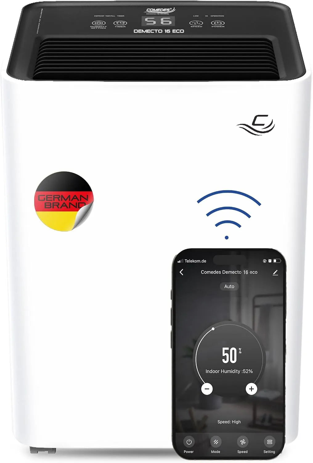 Luftentfeuchter 24h 65m²/150m, Comedes Demecto 16 eco WiFi, max. 16 Liter, Geeignet für Räume bis 65m², 150m³, Modell 65m², Leistungsstarker