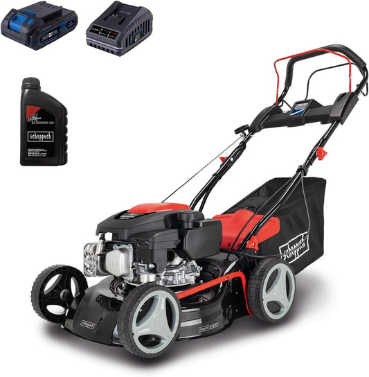 Scheppach Rasenmäher RM420AE 5in1-3 5PS, Schnitthöhenverstellung 25-75 mm, Schnittbreite 420mm, Fassungsvermögen 45L Fangkorb, inklusive. E-Start