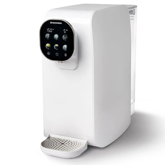 Osmoseanlage Quella Pro White OsmoFresh Auftisch, 7-Fach Umkehrosmose Filterung, 6 Temperaturstufen, Wasserfilter für Küche Büro Wohnmobil, UV