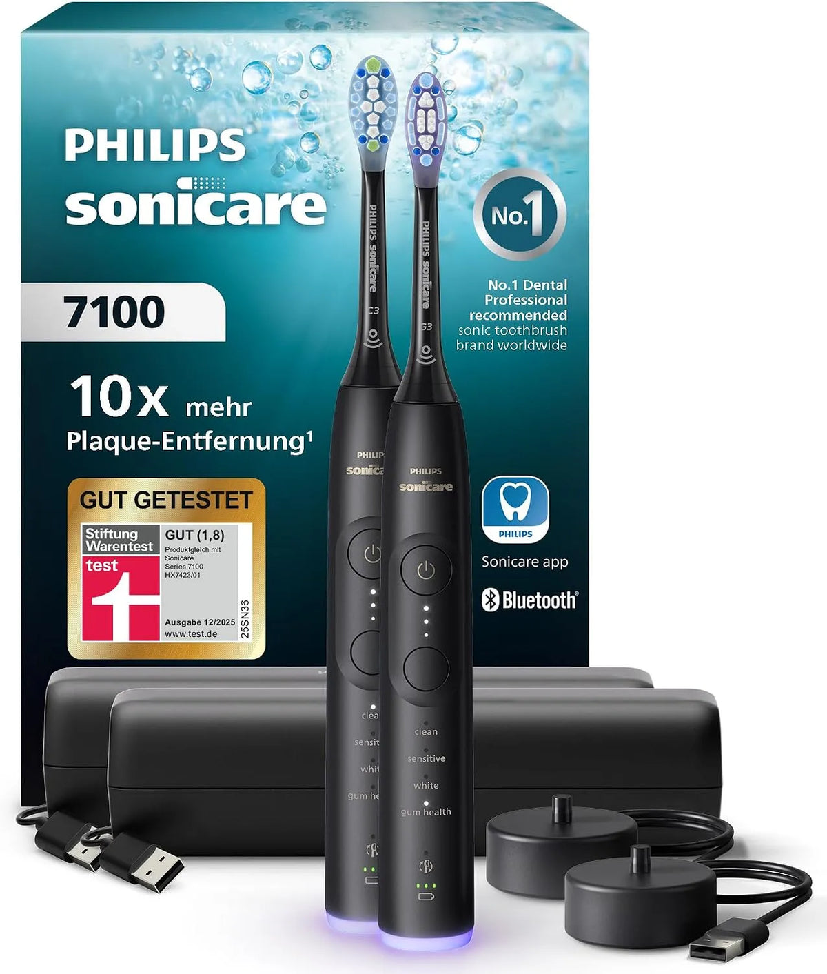 Philips Modell, Sonicare elektrische Zahnbürste 7100 2er-Pack HX7429/03, 3 Intensitätsstufen, Schallzahnbürste mit App, EasyStart, 4 Putzmodi